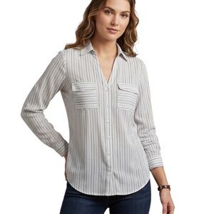 New York & Company Button-Up Shirt Womens L White Navy Striped Roll-Tab